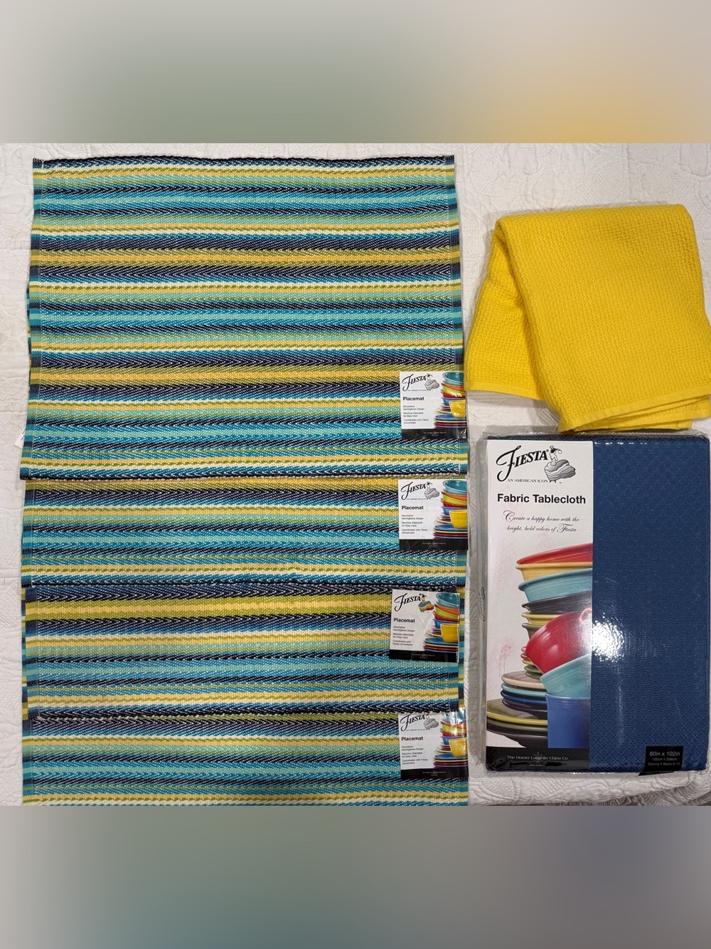 Fiesta 4 Striped Placemats with Yellow towel and Blue Tablecloth